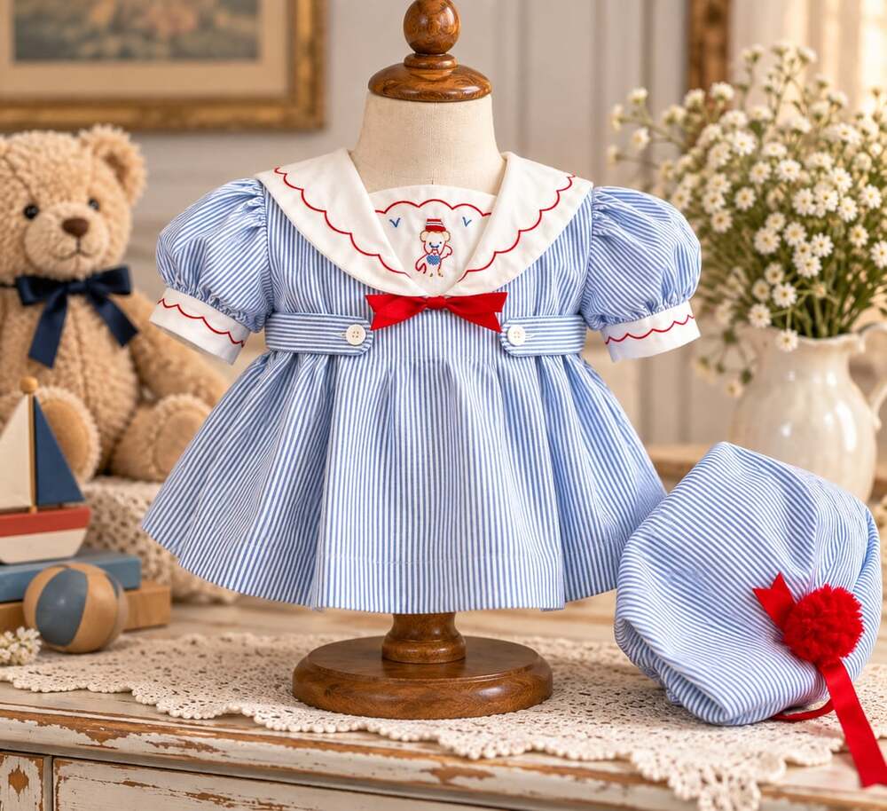 Mothercare Baby Bear Sailor Dress Bonnet Bloomers Sz 28 6-12M? CPK Doll Fit Vtg